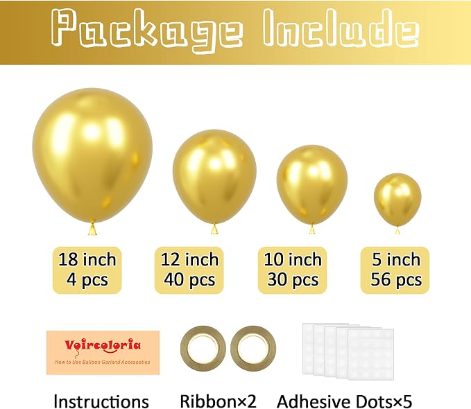 Voircoloria 130pcs Metallic Gold Balloons Arch Kit, 18 12 10 5 Inch | - Image 2