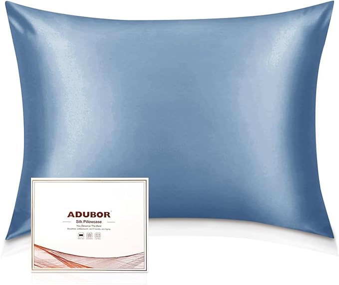 Adubor Silk Pillowcase for Hair and Skin 23 Momme Mulberry Silk Pillow Covers Standard Size with Hidden Zipper Soft Breathable Both Sides Pure Silk, Queen 20 inch X30 inch , 1Pack, Gray Blue