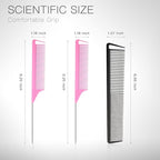 3-in-1 Rat Tail & Stainless Steel Pintail Comb Set - Carbon Fiber Teasing Comb for Braids, Barber Styling & Salon Use - Fine Teeth, Pink & Black