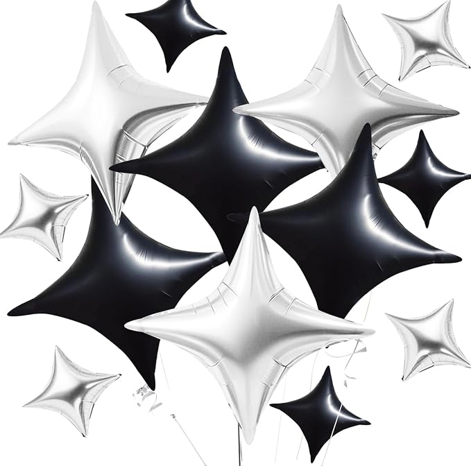 TONIFUL 30Pcs Four Pointed Star Balloon 26In&10In Black Silver Foil Balloon | by TONIFUL