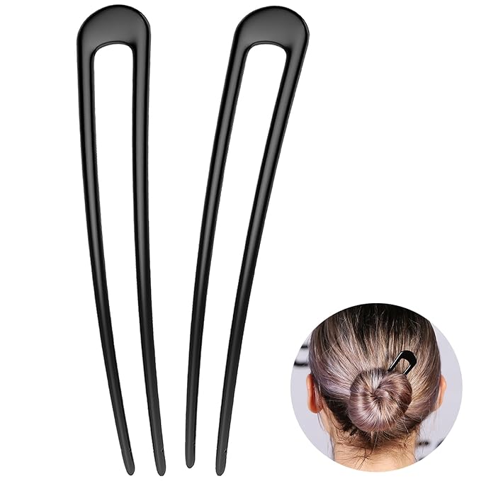 French Hair Pins Metal Hair Fork U Shaped Extra Long Chignon 2 Prong Sticks for Women Hair Accessories (Black- 2 Pieces)