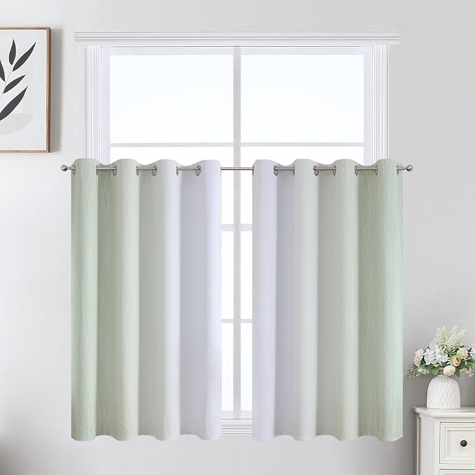 Sage Green and Greyish White Ombre Short Blackout Cafe Curtains 36 Inch Length by ESTELARTEXTILER