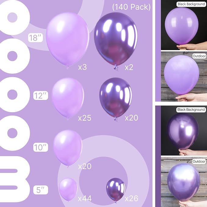 PartyWoo Purple Balloons 140pcs Metallic Purple Balloon Arch Kit | 18 12 10 5 - Image 2