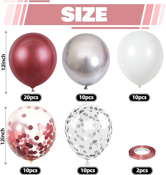 Burgundy Red and Silver Balloons, 60 Packs 12 Inch Wine Red and White Silver - Image 2