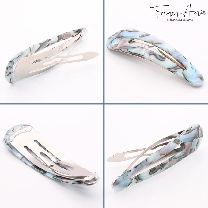 French Amie Clic Clac Large Handmade Celluloid Acetate Set of 2 Snap Hair Clips No Slip Side Slide-in Barrette for Women and Girls (Aqua Marbel)