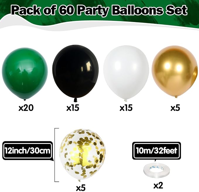 Black Gold Green Balloons 60 Pcs Dark Green White Black Metallic Gold Balloons - Image 2