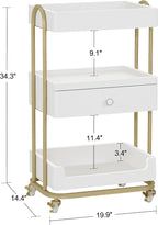 BarberPub Salon Trolley Cart with Lockable Wheels, Stylist Trolley with 3 Shelves, Salon Storage Cart for Beauty Shop, Barber Shop, Spa 2086 (White&Gold)