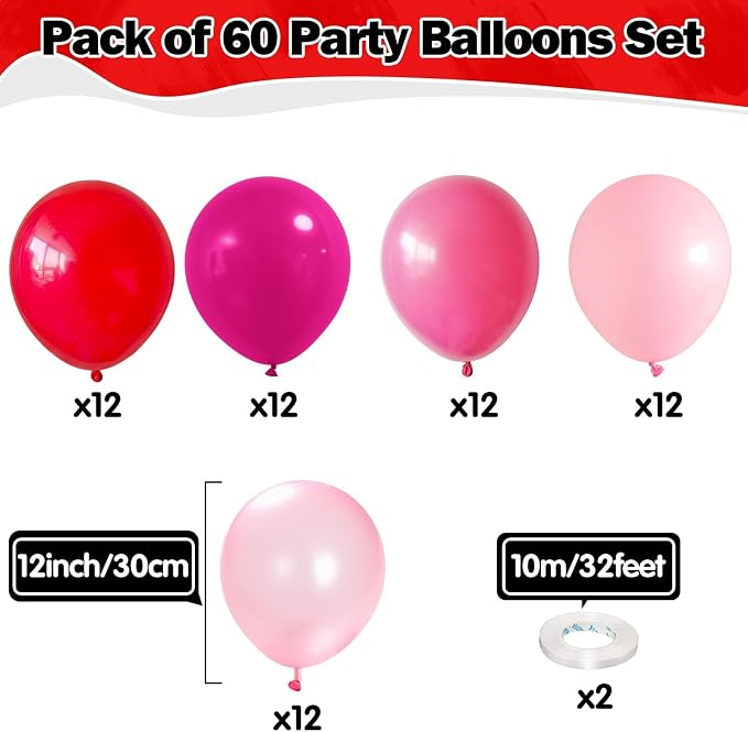 Red Pink Balloons 60 Pcs 12 Inch Fuchsia Hot Pink Rose Red Balloon Neon Pink - Image 2