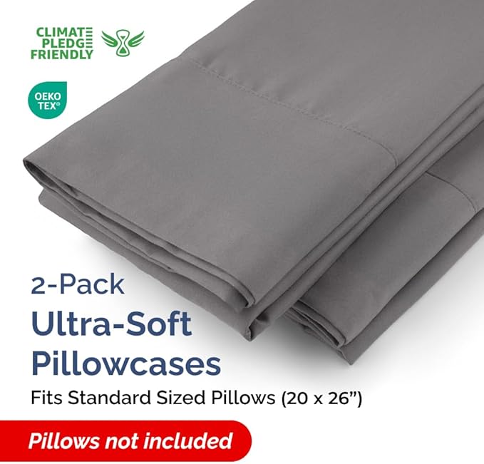 Standard Pillow Cases - 2 Pack - Super Soft Pillowcase Covers - Envelope Enclosure - Hotel Quality Pillow Protectors - Wrinkle Free, Shrink & Stain Resistant - Machine Washable - 20" x 26" (Dark Grey)