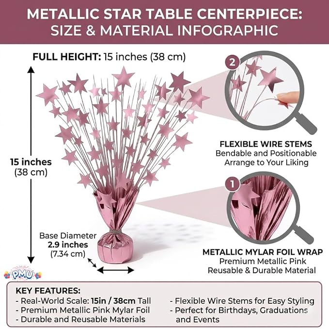 PMU 3 Pack Bursting Star Metallic Foil Spray Centerpiece- Baby Pink Balloon - Image 5