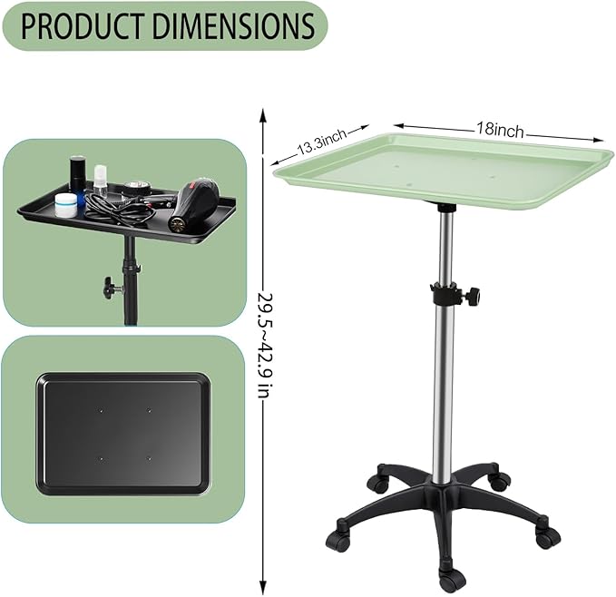 Salon Rolling Tray, Height Adjustable Tattoo Tray Rolling Cart, Storage Utility Trolley for Spa, Beauty Salon Service, Hairdresser Cart with Wheels, Black (Green)