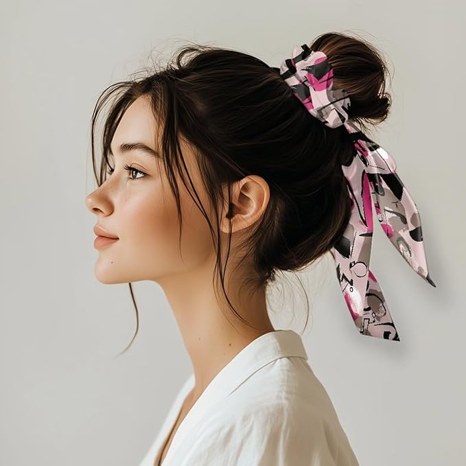Abstract Art Hair Scarf Scrunchies for Women Pack of 2 Geometry Elastic Hair Band with Ribbon Soft Knotted Scrunchy Fashion Accessories