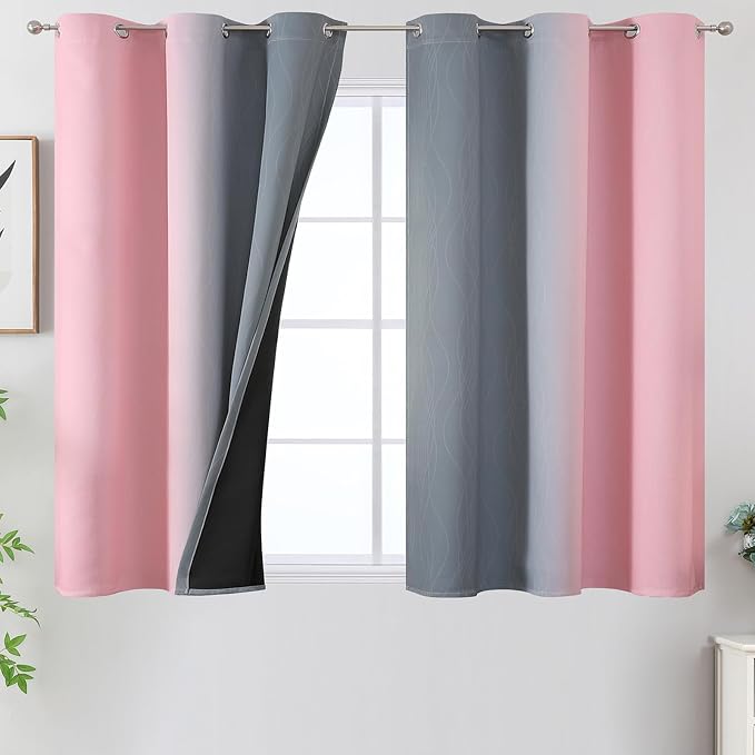 Pink and Grey Blackout Curtains 45 inches Long, Ombre Full Room Darkening by ESTELARTEXTILER