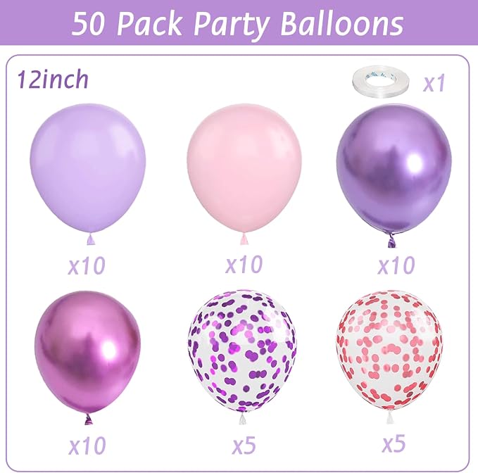Pink and Purple Confetti Balloons 50 Pcs 12 Inch | Rainbow Unicorn Princess - Image 2