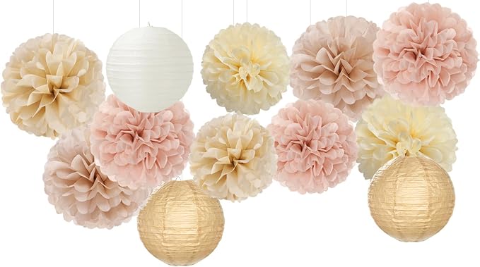 Champagne-Gold White Party-Decorations Paper-Flowers Lanterns - Image 7