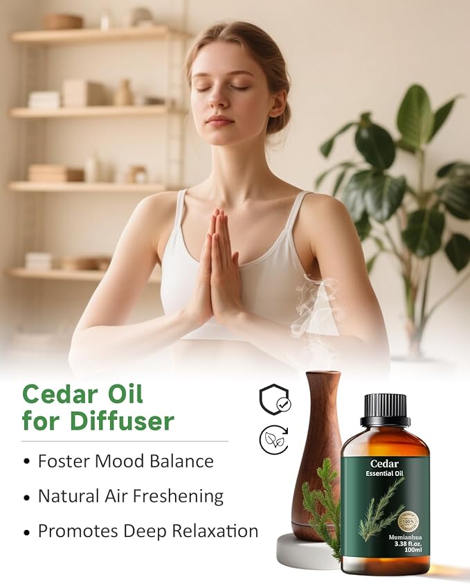 Pure Cedarwood Essential Oil for Bedtime Atmosphere, Evening Relaxation & Pillow Mist,Mumianhua Natural Woodland Aroma for Reed Diffuser,Aromatherapy, Bedroom, Skin, Hair, Tranquil Blends 3.38 Fl Oz