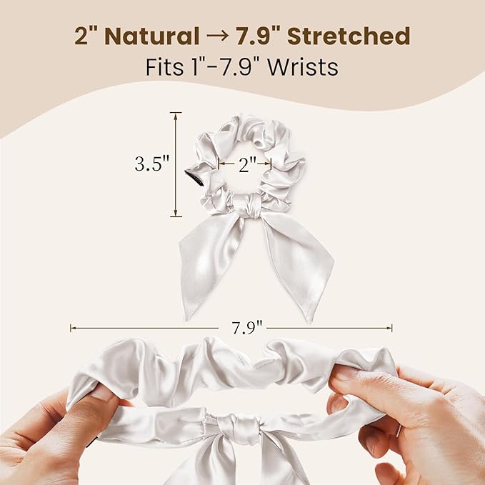 THXSILK 100% Mulberry Silk Bow Scrunchies 3-Pack, 22 Momme Mulberry Silk Hair Ties for Women, Cute Bunny Ear No Damage Ponytail Holders, Fashion Hair Accessories for Girls(M, Pearl White)