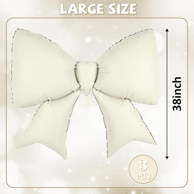 Cream Bow Foil Balloons 38 Inch, Large Beige White Bow Shaped Mylar Balloons - Image 3
