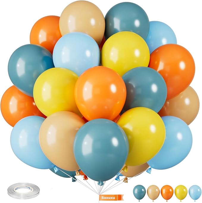 Blue Yellow and Orange Balloons, 12 Inch Retro Sea Blue Yellow Orange Balloons by Saxuxu