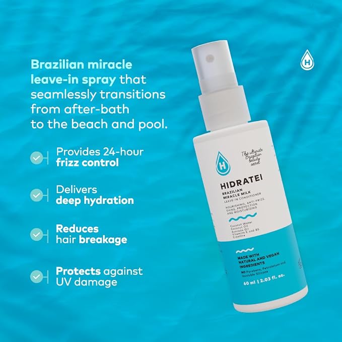 Hidratei Brazilian Healthy Leave In Conditioner Anti-Frizz Spray | Vegan Hair Treatment for All Hair Types | 24+ Hour Protection from UV, Heat, & Frizz | Reduces Breakage 2.03 Oz