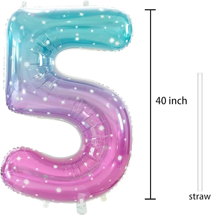 Number 5 Foil Balloon with Crown, 40-Inch Gradient | Gradient star print number - Image 3
