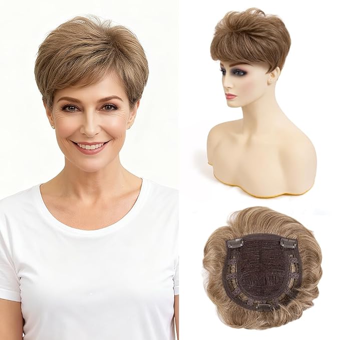 Short Hair Topper for Thinning Hair 4 Inch Short Pixie Cut Toppers Pieces Natural Curly Synthetic Wiglets Hairpieces (Blonde with Highlights, 4 inch)