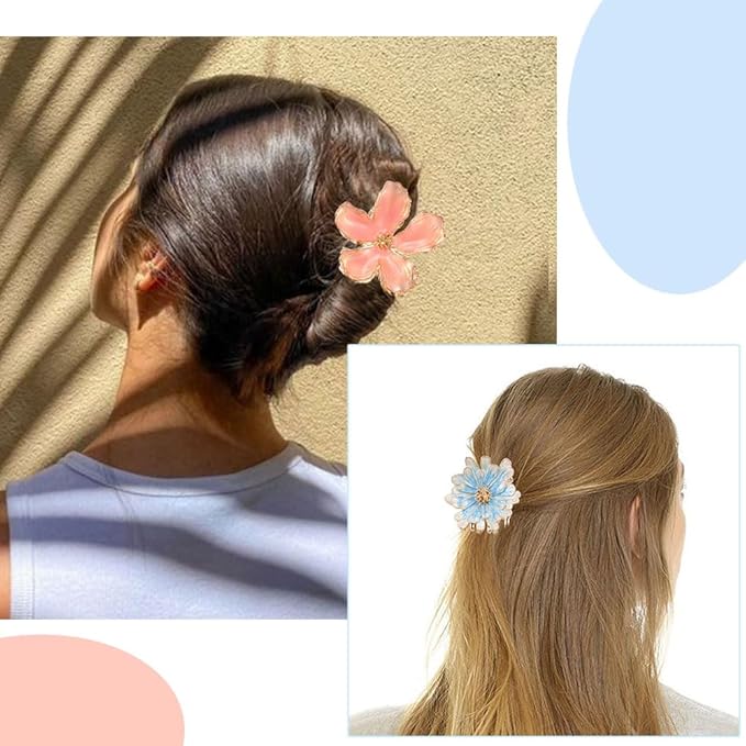 4Pcs Hair Clips for Women Large Non-Slip Strong Metal Hair Claw: Flower Pink Blue Sparkly Jaw Claws for Thick Hair