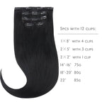 WENNALIFE Clip in Human Hair Extensions 85g 5pcs 22 Inch, Remy Hair Jet Black Real Virgin Hair Extensiones De Cabello Humano Con Clip Ins