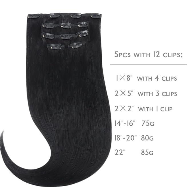 WENNALIFE Clip in Human Hair Extensions 75g 5pcs 14 Inch, Remy Clip in Hair Extensions Real Human Hair Jet Black Virgin Human Hair Clip Ins Extensiones De Cabello Humano Con Clip