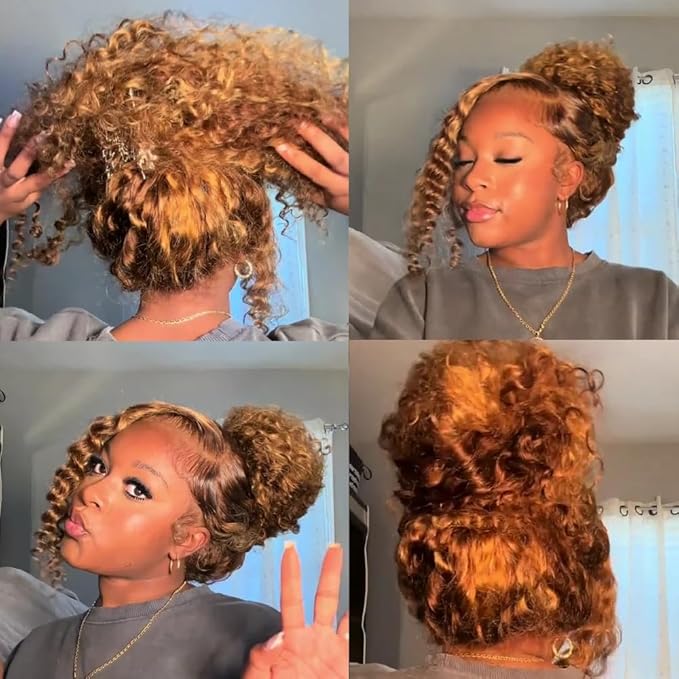 Hidden Strap 360 Water Wave 220% Density Honey Blonde Deep Curly Human Hair wig Ombre Deep Wave 4/27 Highlight Lace Front Wigs Pre Plucked Wet And Wavy Water Wave Wig for Women 20 Inch