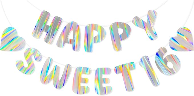 Iridescent Happy Sweet 16 Birthday Banner, Pre-Strung Holographic Party by Unknown