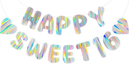 Iridescent Happy Sweet 16 Birthday Banner, Pre-Strung Holographic Party by Unknown