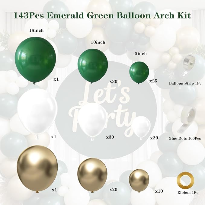 143pcs Emerald Green White Gold Balloon Garland Arch Kit Dark Green White Gold - Image 2
