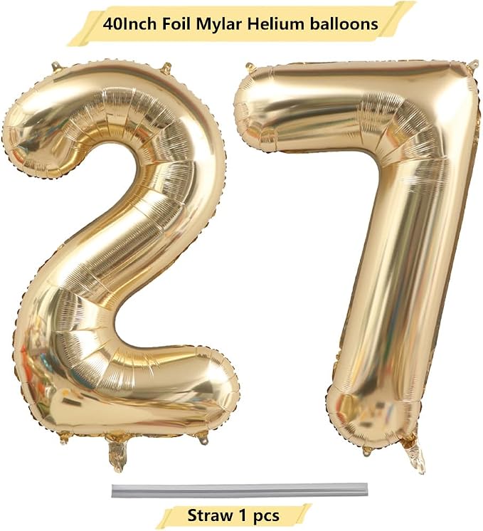 Light Gold Number 27 Balloon 40in White Gold 27 Foil Mylar Digital Balloon | - Image 4