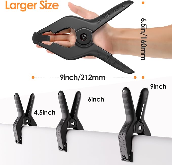 Spring Clamps Heavy Duty, 9in Plastic Backdrop Clips, 6 Pack Black | Strong - Image 2