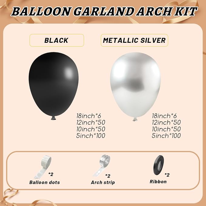 412Pcs Black and Silver Balloons Arch Kit, Latex Balloons Different Sizes 18 12 - Image 3