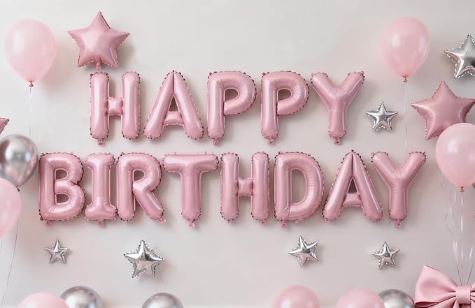 Pink Happy Birthday Balloons Banner Sign Mylar letter Party Decoration | - Image 4