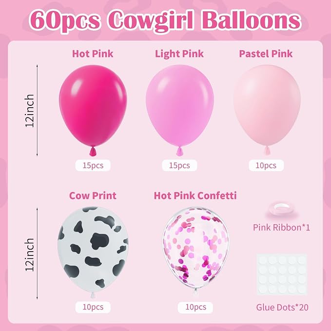 60pcs Cowgirl Balloons, Hot Pink Light Pink Confetti Cow Print Latex Balloons - Image 2