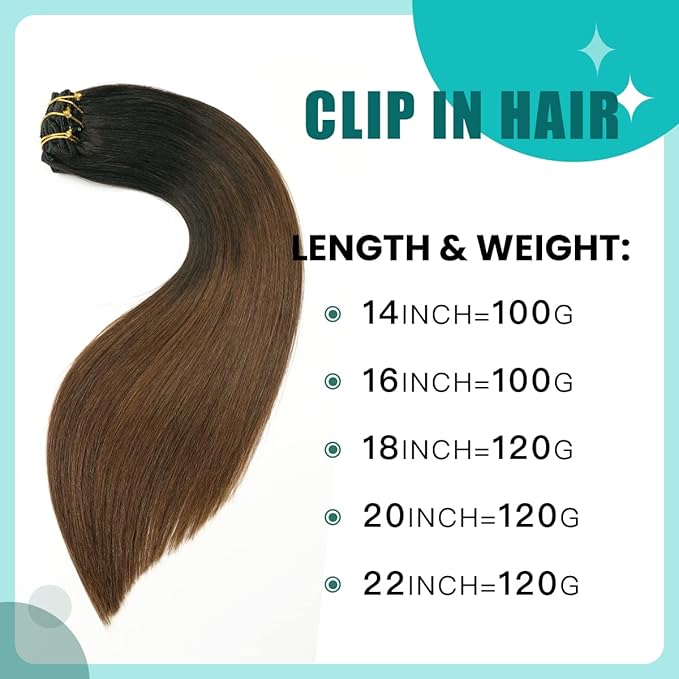 SURNEL Clip in Human Hair Extensions 20 Inch 6pcs 120g Omber Natural Black to Chocolate Brown Straight Thick Weft (#1BT4,20'')