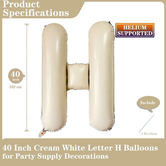 Cream White Letter H Balloons, 40 Inch Giant Letter Balloons H Foil Mylar - Image 2