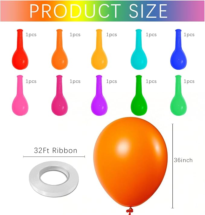 Assorted Rainbow Balloons 10 Pack 36 inch Round Bright Latex Balloons Assorted - Image 2