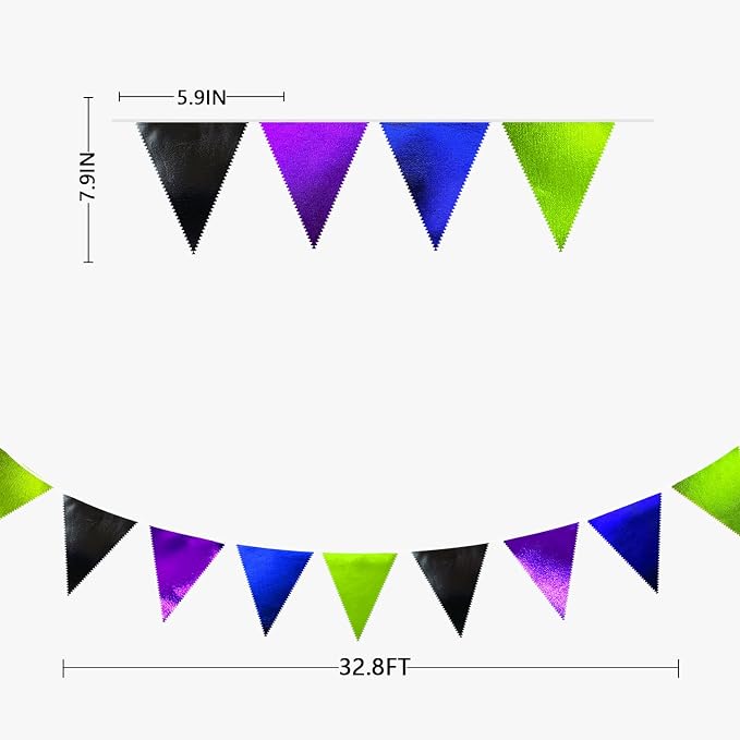 Video Game Party Decorations Black Blue Green Purple Metallic Fabric Triangle - Image 2