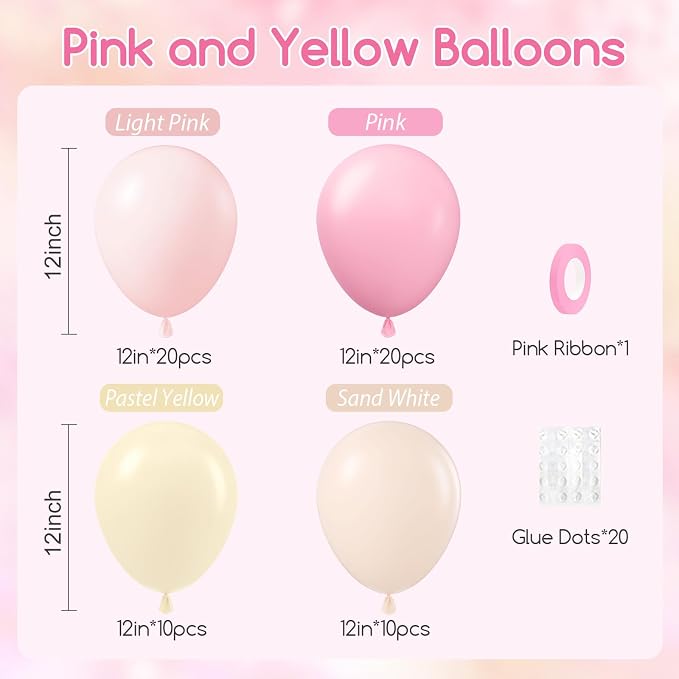 60pcs Pink and Yellow Balloons 12inch, - Image 2