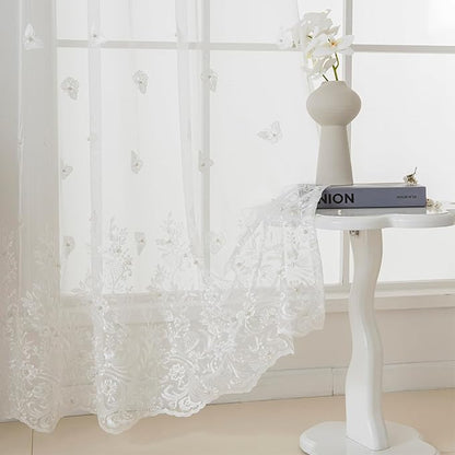 White Sheer Voile Curtains White Embossed Butterflies 96 Inches | Light by VISIONTEX
