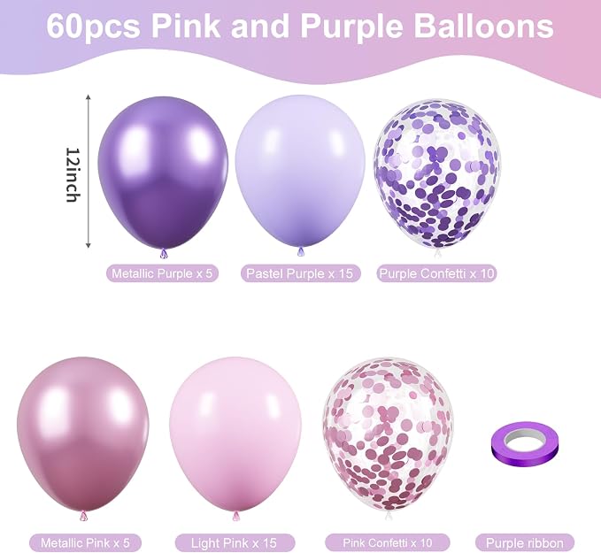 KBZVNAF Pink and Purple Latex Balloons 60 Pack 12 inch | Metallic Purple Pink - Image 2