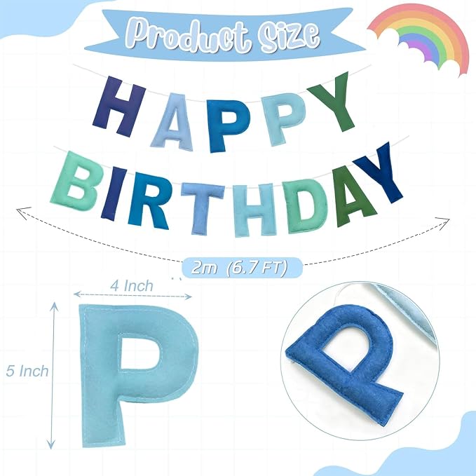 Felt Happy Birthday Banner, Pre-Strung 3D Blue and Green Birthday Banner | - Image 3