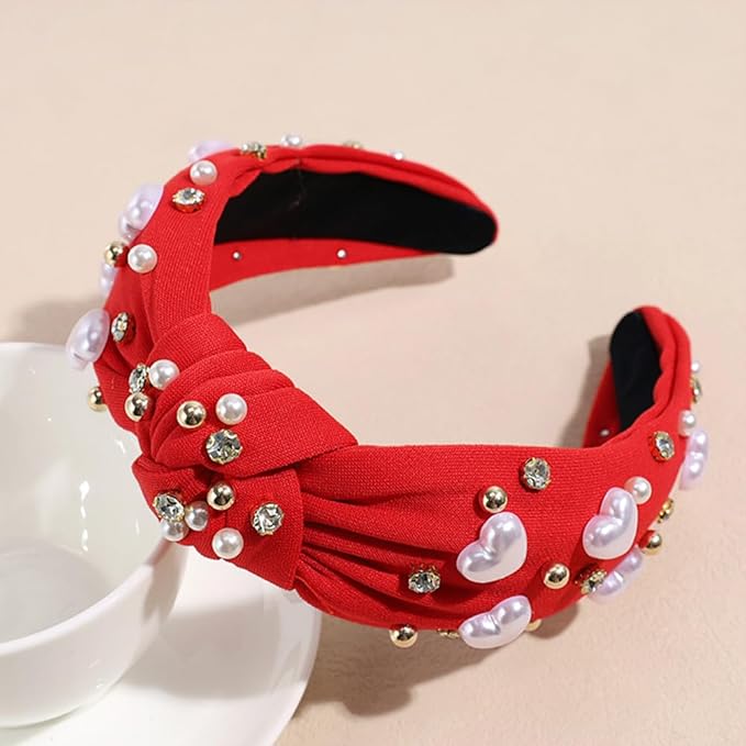 Valentines Day Red Pearl Headband for Women, Wide Rhinestone beaded Headbands Non Slip Knotted Fashion Hair Accessories for Christmas Valentines New Year Gifts