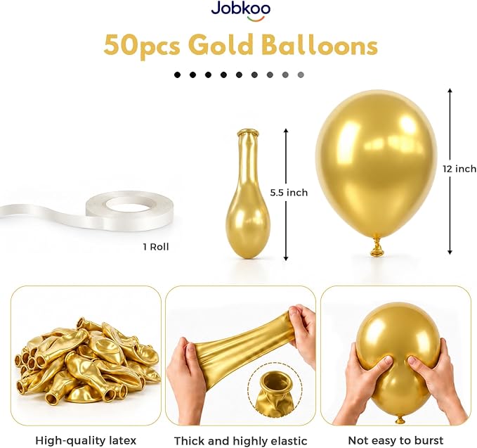 Jobkoo Gold Balloons 12 Inch, Metallic Chrome Gold Metallic Latex Balloon | - Image 2