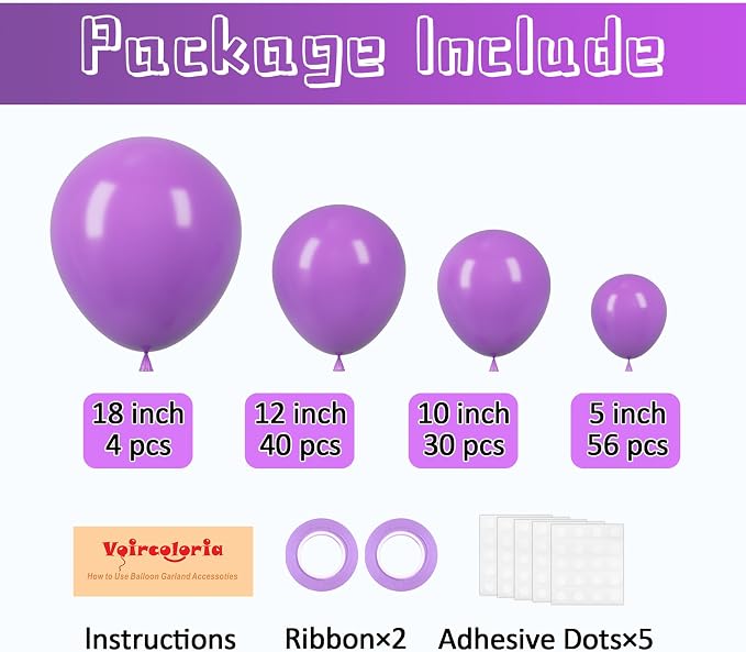 Voircoloria 130pcs Purple Balloons Garland Arch Kit, 18 12 10 5 Inch | - Image 2
