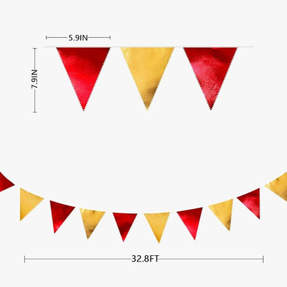 Red Gold Party Decorations Metallic Fabric Triangle Pennant Banner Flag Bunting - Image 2